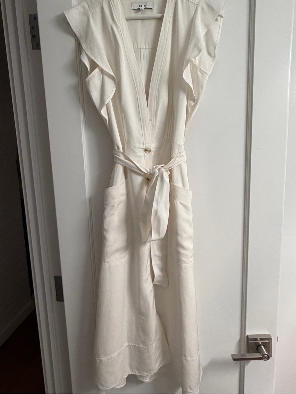 Reiss Cream Ruffle-Sleeve Belted Midi Dress